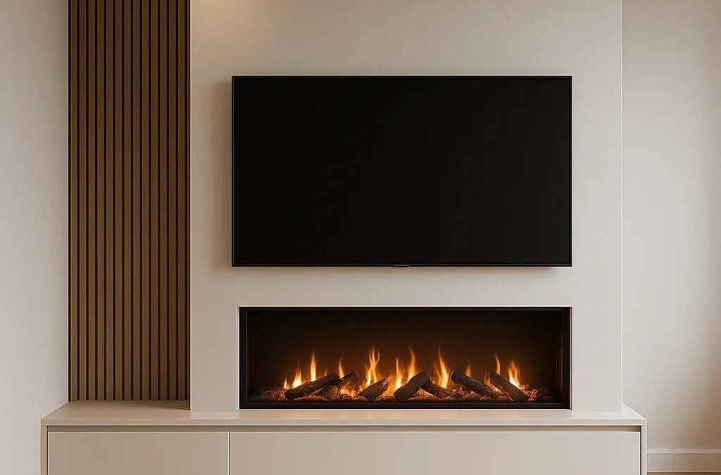 Moderne cinewall met ingebouwde elektrische haard onder tv in strak interieur