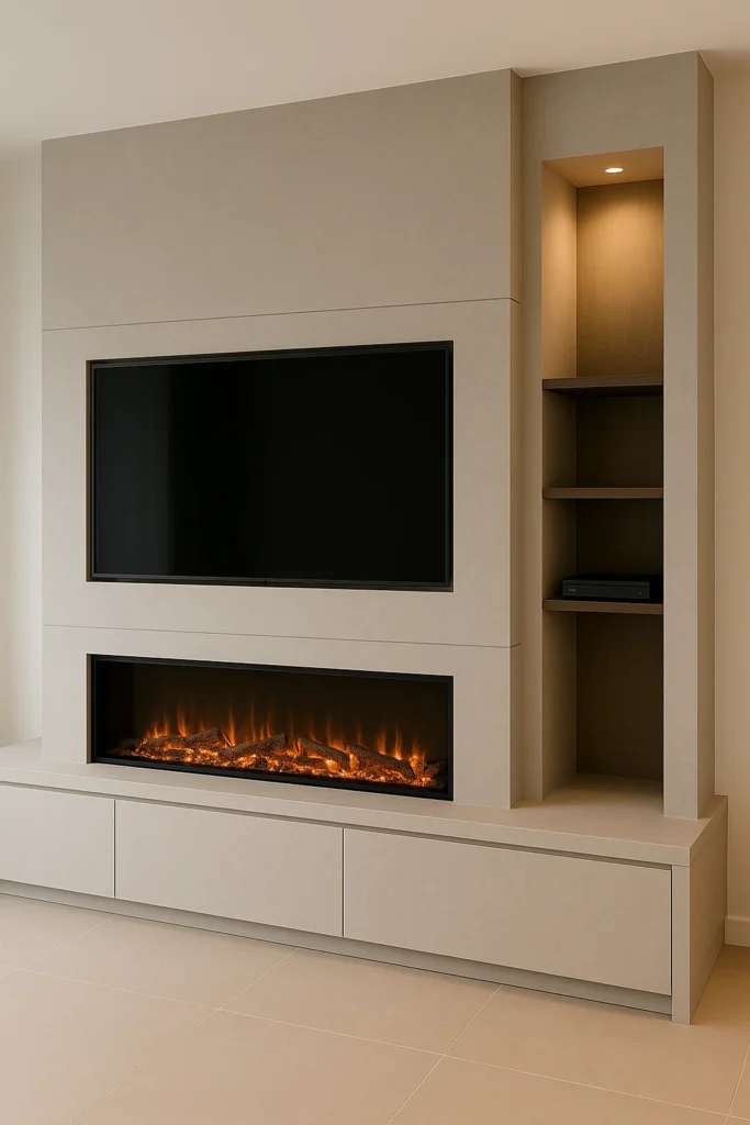 Moderne cinewall met ingebouwde haard en televisie in neutrale tinten.