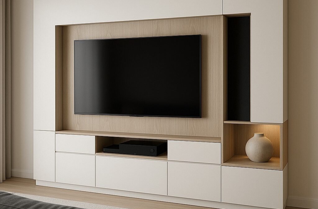 Moderne woonkamer met op maat gemaakte cinewall en geïntegreerde verlichting.