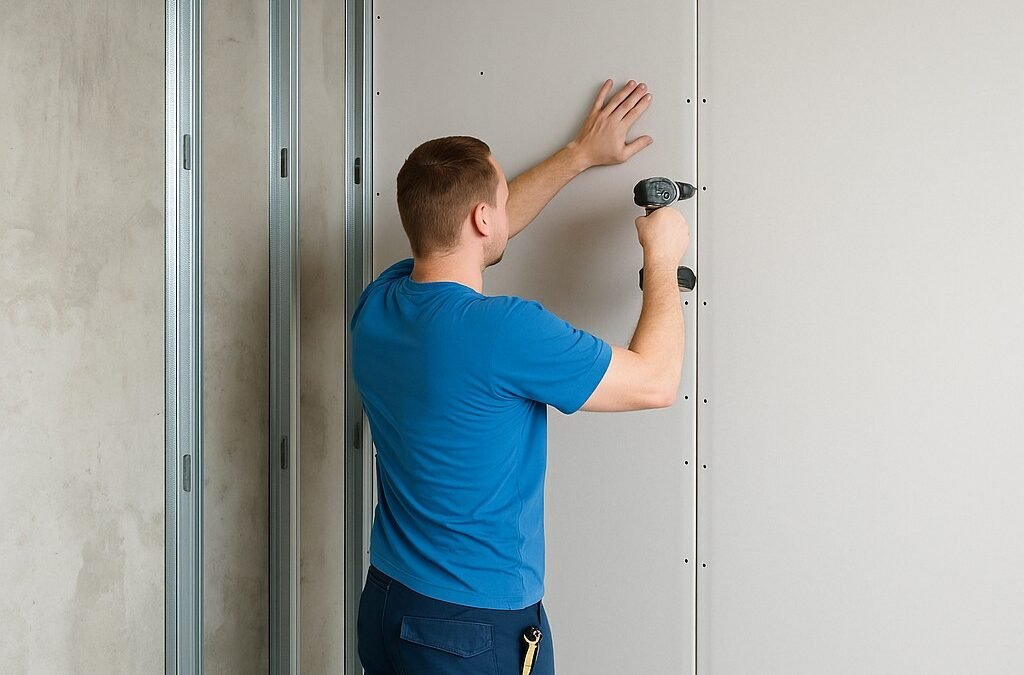 Vakman monteert gipswand met metalstud profielen in moderne woning.