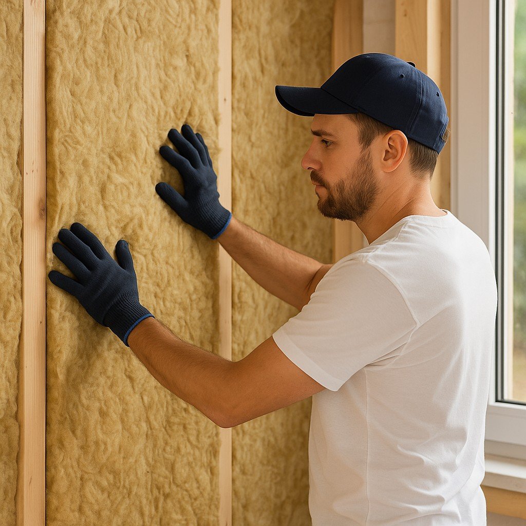 Isolatie specialist plaatst minerale wol tussen stijlen in moderne woning