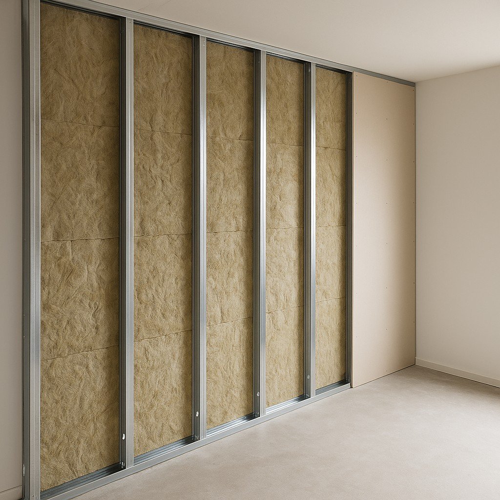 Binnenruimte met deels afgewerkte metalstud wand en isolatie tussen stalen profielen.