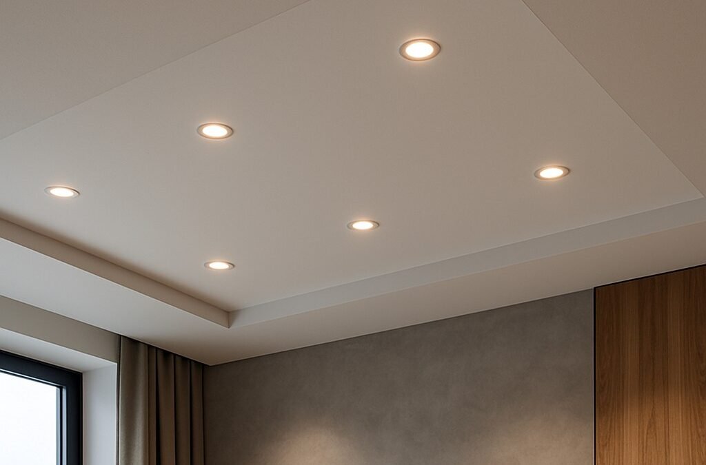 Modern verlaagd plafond met ingebouwde LED-spotjes in een strak afgewerkte woonkamer.