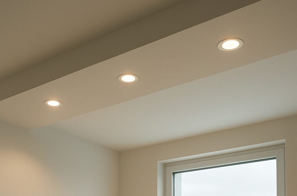 Verlaagd plafond met moderne ingebouwde LED-spotjes in een woonkamer