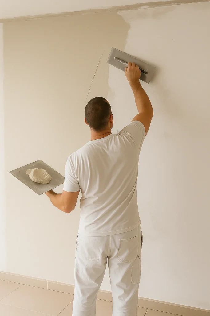Stukadoor brengt glad stucwerk aan op een muur in Amsterdam.