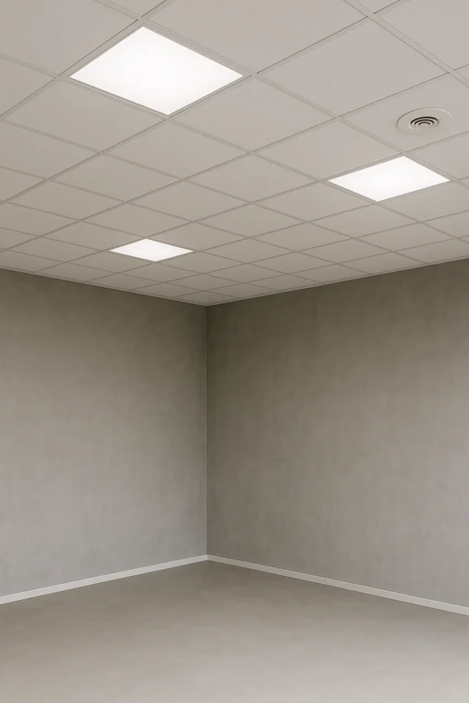 Modern systeemplafond met witte plafondplaten, geïntegreerde verlichting en luchtventilatie in een strak interieur.