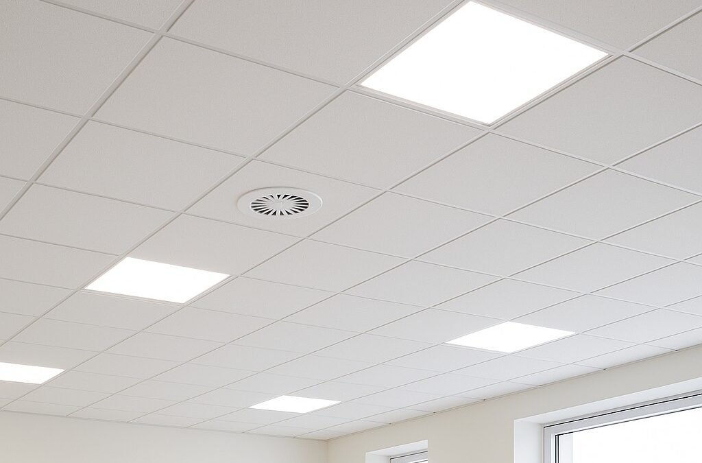 Modern systeemplafond met geïntegreerde verlichting en ventilatierooster in kantoorruimte