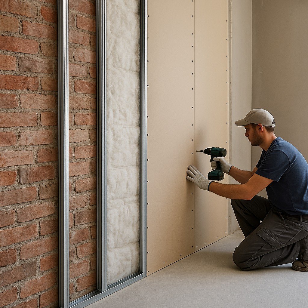 Voorzetwand met isolatiemateriaal en metalen profielen in moderne woning