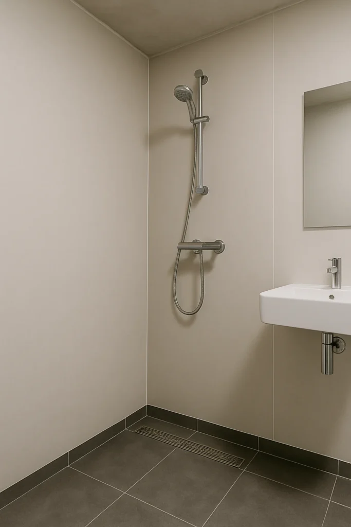 Moderne badkamer met beige wandpanelen, inloopdouche en witte wastafel, strak en onderhoudsarm afgewerkt.