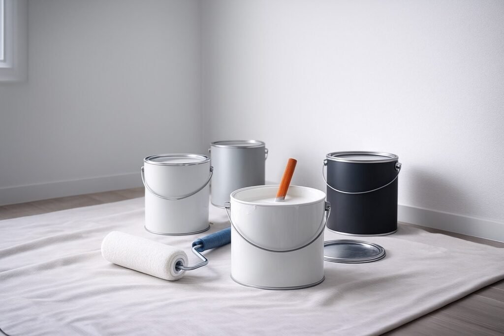 Verfroller, verfblik en kwast voor het schilderen van gipsplaten, met kleurstalen op de achtergrond.