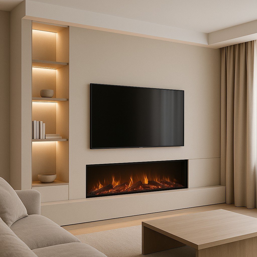 Cinewall met haard in moderne woonkamer: geïntegreerde tv, nissen en indirect licht; strak afgewerkt en veilig geventileerd.