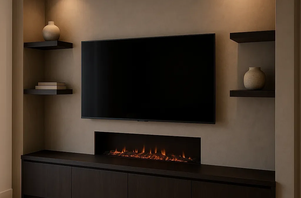 Cinewall op maat met ingebouwde tv, haard en strakke, moderne wandafwerking.