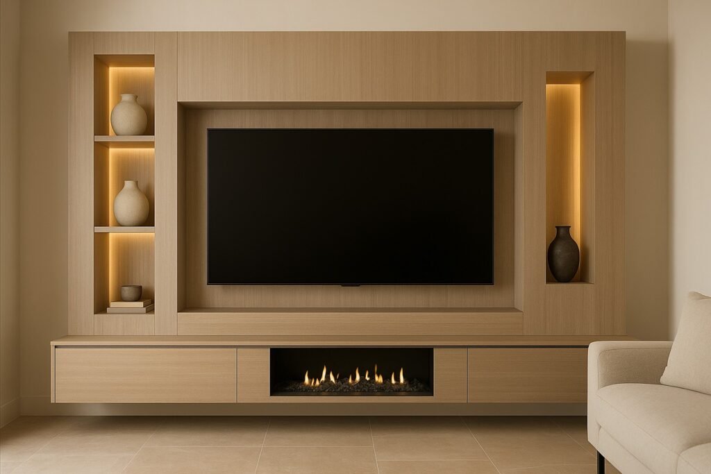 Moderne cinewall op maat met ingebouwde tv, haard en houten panelen met ledverlichting, ontworpen door Wall and Ceiling Expertise.