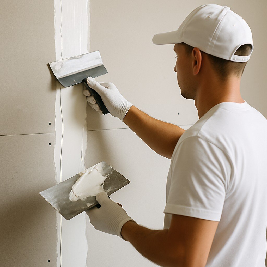 Vakman die voegpasta aanbrengt op de naad van gipsplaten met plamuurmessen.