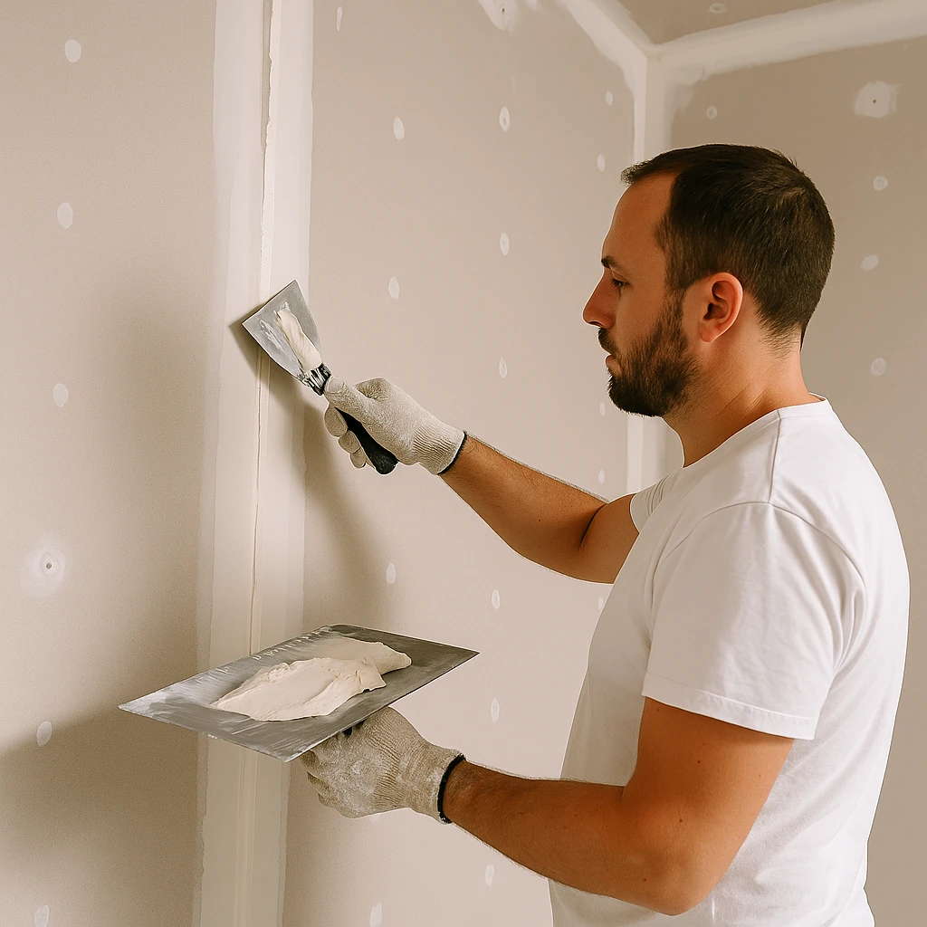 Vakman werkt voegen van gipsplaten af met plamuurmes voor een strak wandresultaat.