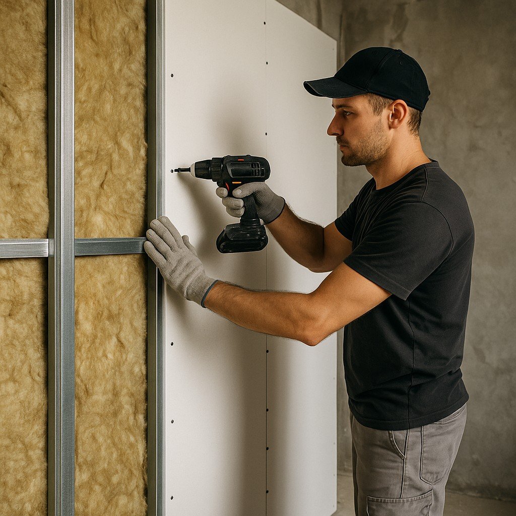 Monteur plaatst gipswand met metalen profielen en isolatie in een renovatieruimte.