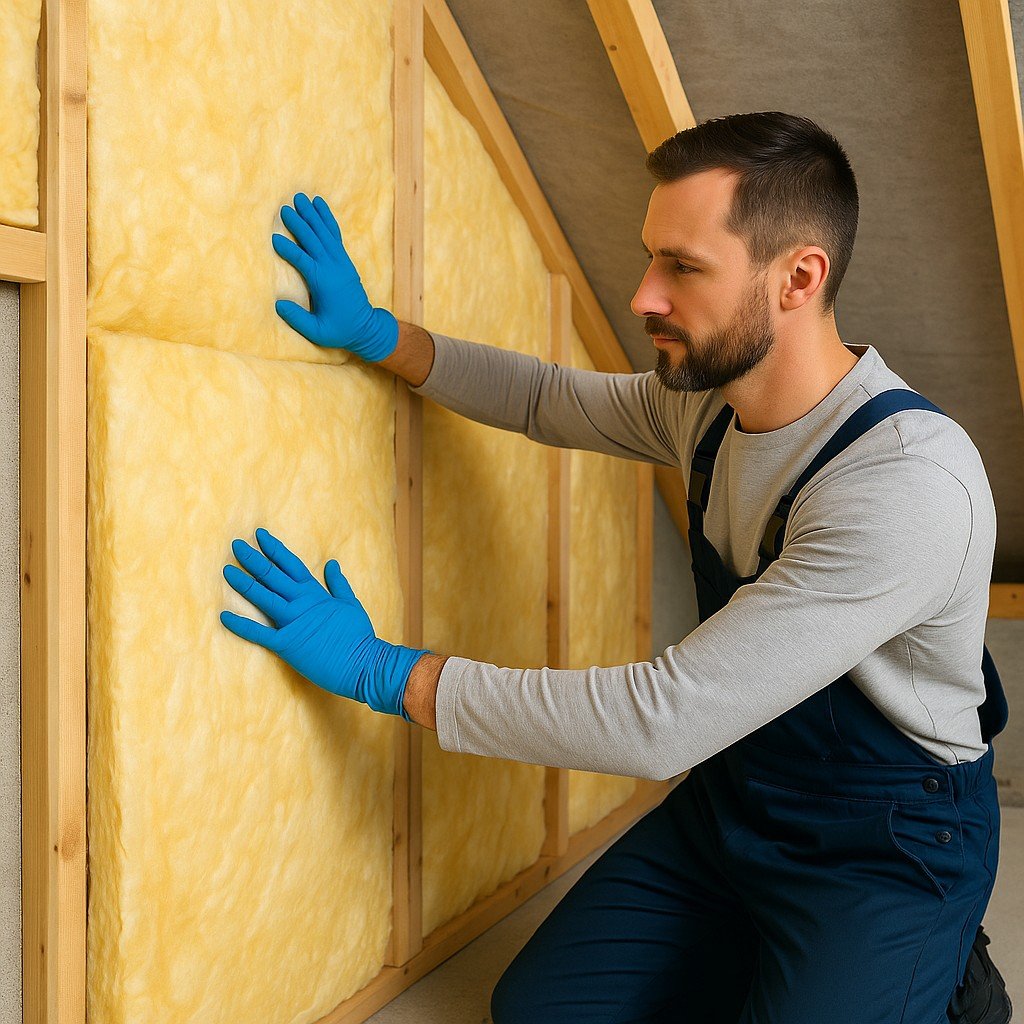 Isolatie specialist die gele glaswol plaatst tussen dakbalken in een zolderruimte.