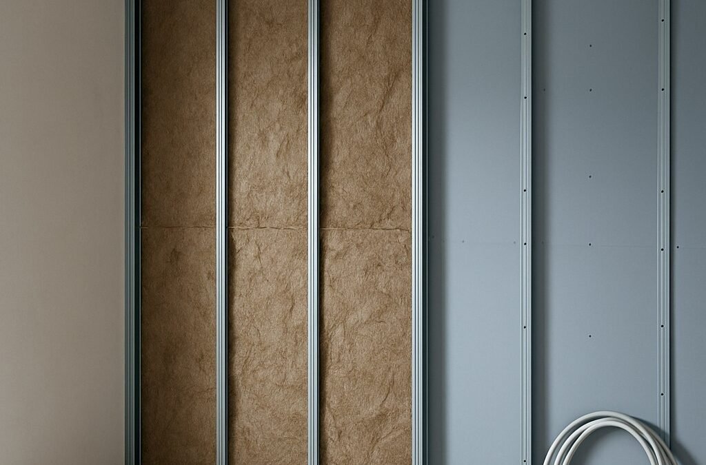 Metalstud wand in aanbouw met metalen profielen, isolatie en gipsplaten.