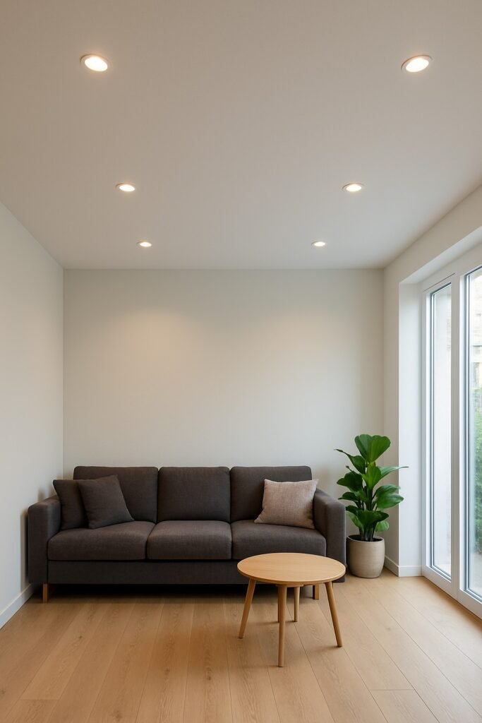 Verlaagd plafond met warme inbouwspotjes in een moderne, minimalistische woonkamer.