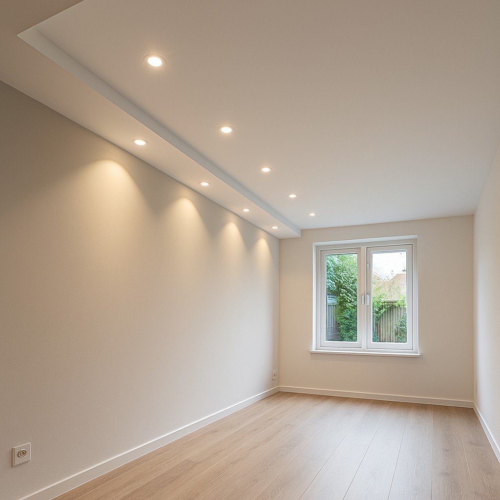 Moderne woonkamer met verlaagd plafond en ingebouwde spotjes met warme verlichting