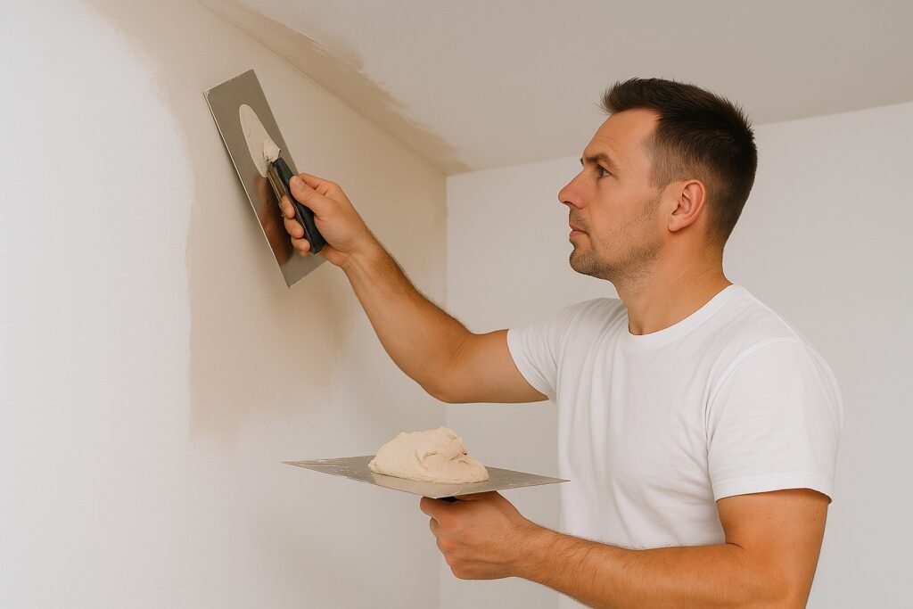 Stukadoor werkt zorgvuldig aan gladde muur in modern interieur