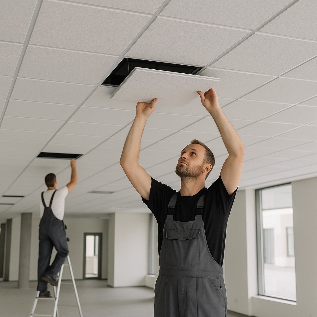 Monteurs plaatsen witte systeemplafondpanelen in een modern kantoor met veel daglicht en een strakke, rustige uitstraling.