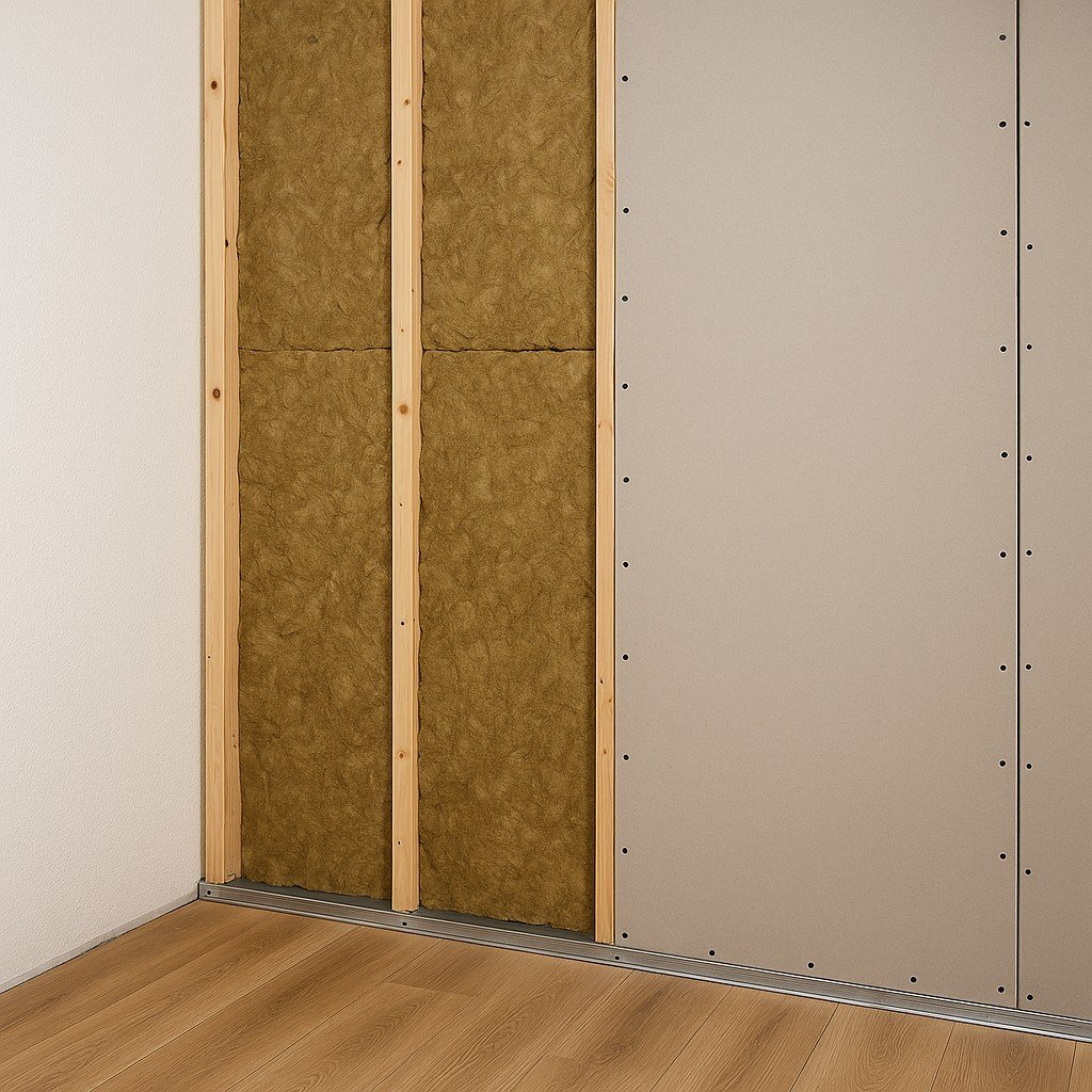 Vakman plaatst voorzetwand met isolatie en gipsplaten energiezuinige oplossing met nette afwerking.