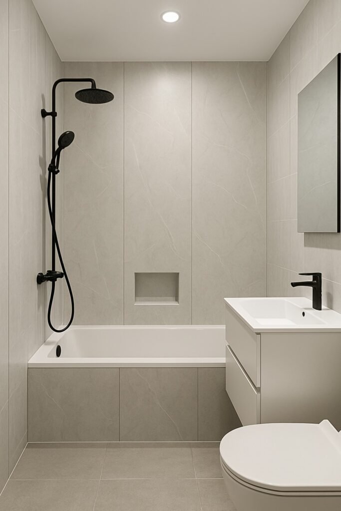 Moderne badkamer met lichtgrijze wandpanelen, zwarte douchekraan, witte wastafel en strakke waterdichte afwerking.