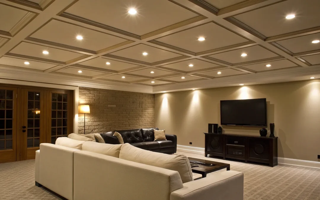 Verlaagd plafond in aanbouw met uitsparingen voor inbouwspots in een moderne woonruimte.